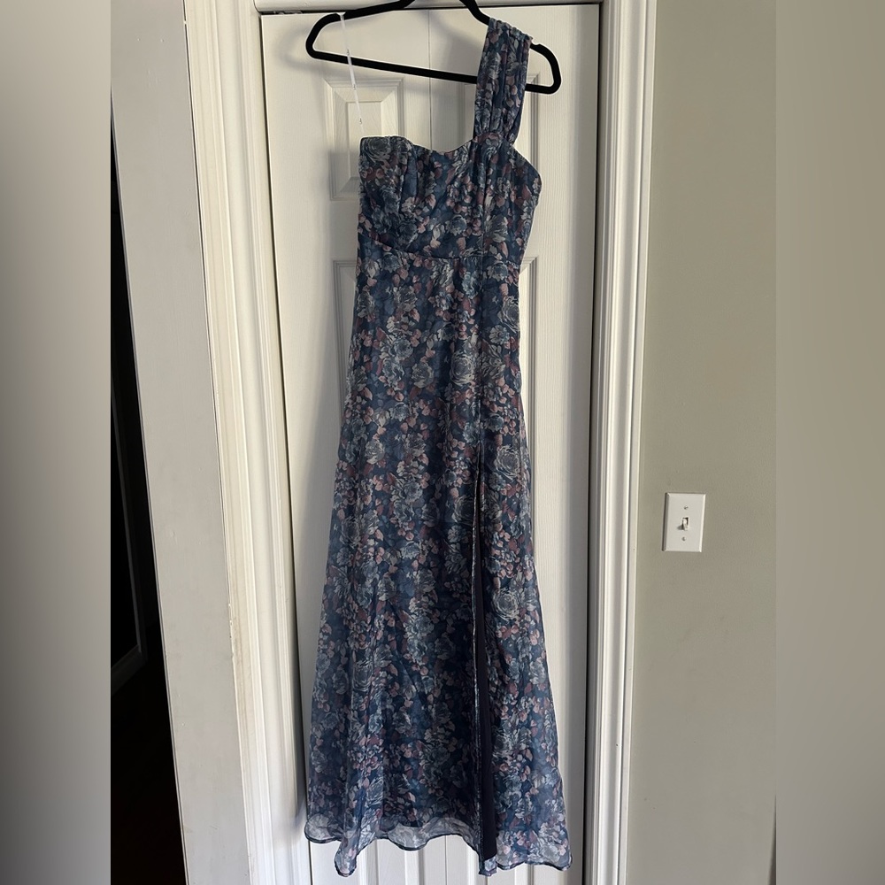 Happily Mine Slate Blue Floral Print One-Shoulder Maxi Dress